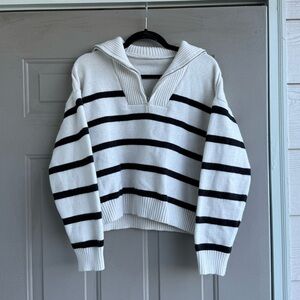Striped Black and White Half Zip Turtleneck Sweater